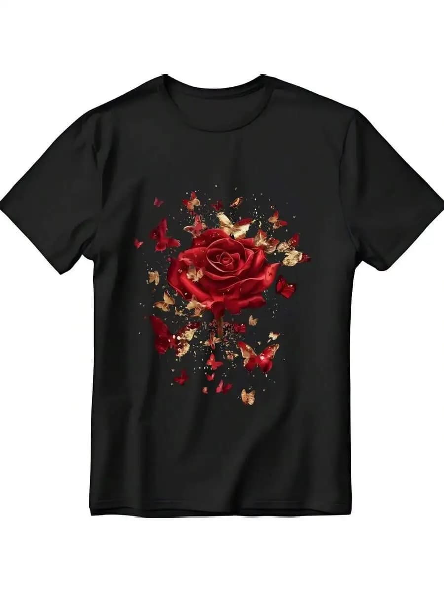 T-shirt con grafica di rose rosse e farfalle per adulti