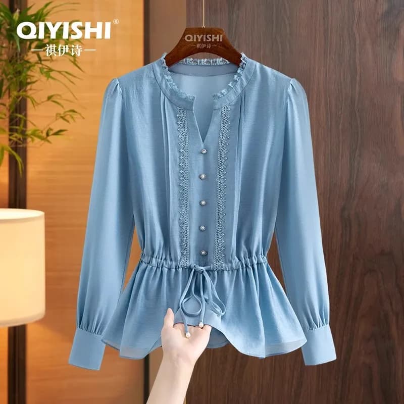 Elegante stile francese con scollo a V Camicetta a maniche lunghe blu di fascia alta 2025 Autunno Nuova cintura con lacci Moda Slim Vita stretta Top Camicie