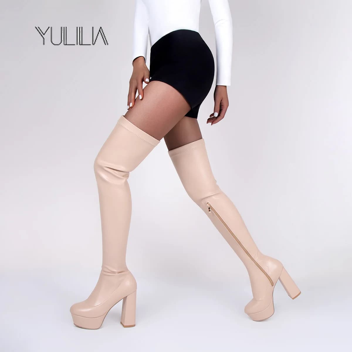 YULILIA Moda Sexy Nightclub Party Office Albicocca Stivali sopra il ginocchio Punta tonda Cerniera laterale Stivali da donna con tacco alto grosso
