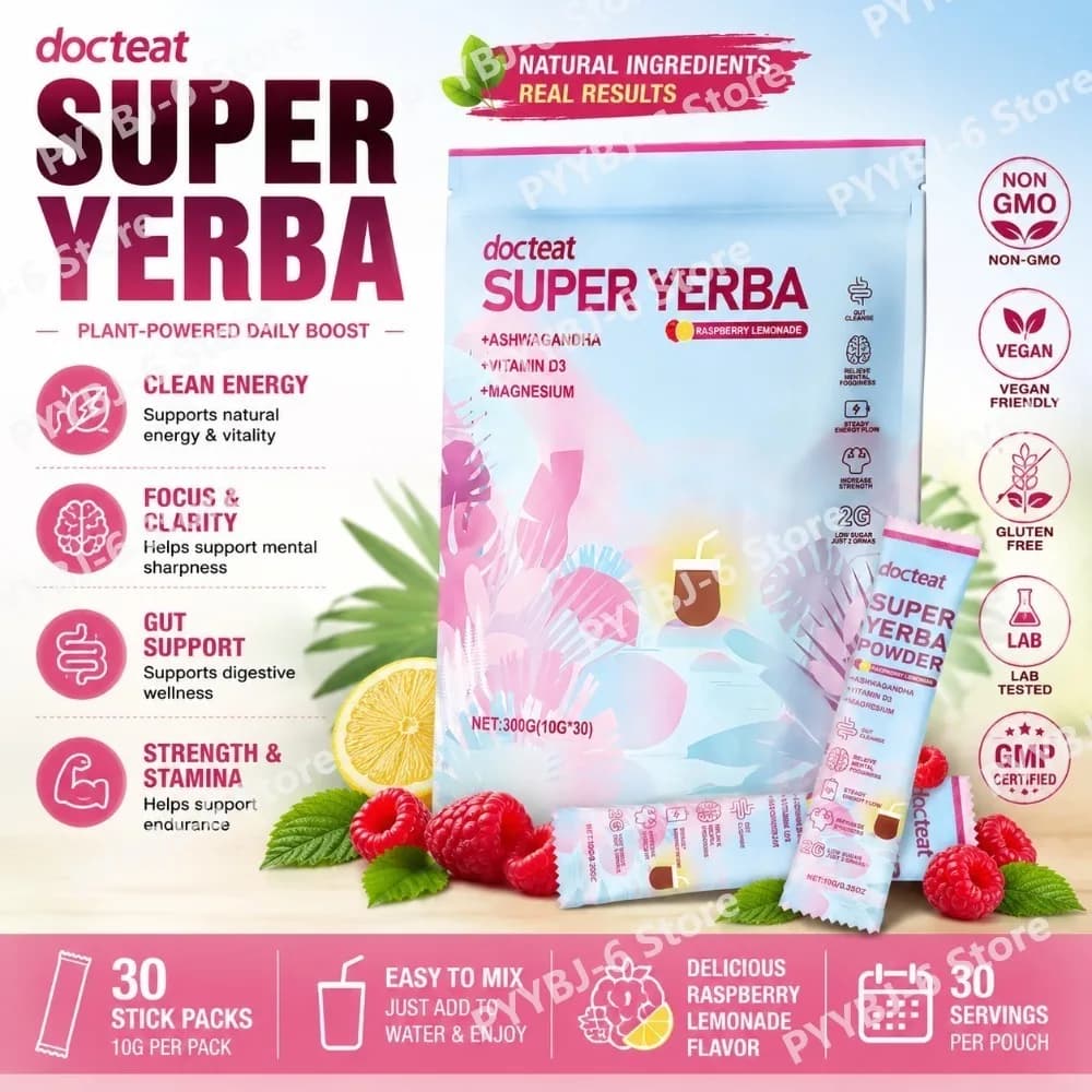 Super Yerba Integratore Alimentare in Polvere in Bustine, con Ashwagandha, Vitamina D3, Magnesio, Gusto Lampone e Limonata, Bevanda Benessere, 30 Porzioni