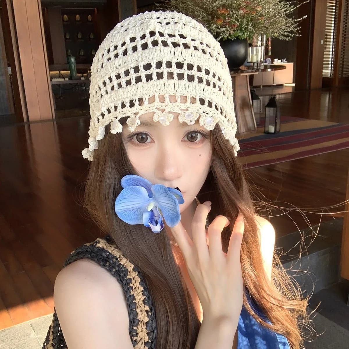 Autumn Ins Popular Hand Crochet Hollow Beanies Hat For Women Summer Beads Tassel Skullies Bonnets Cap Girls Bohemian Style Gift