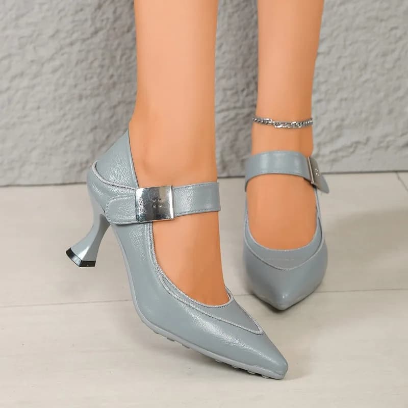 Metal Buckle Strap with Thin Heel Single Shoes Autumn New Point Toe Short Mouth High non-slip heels resistant to wear