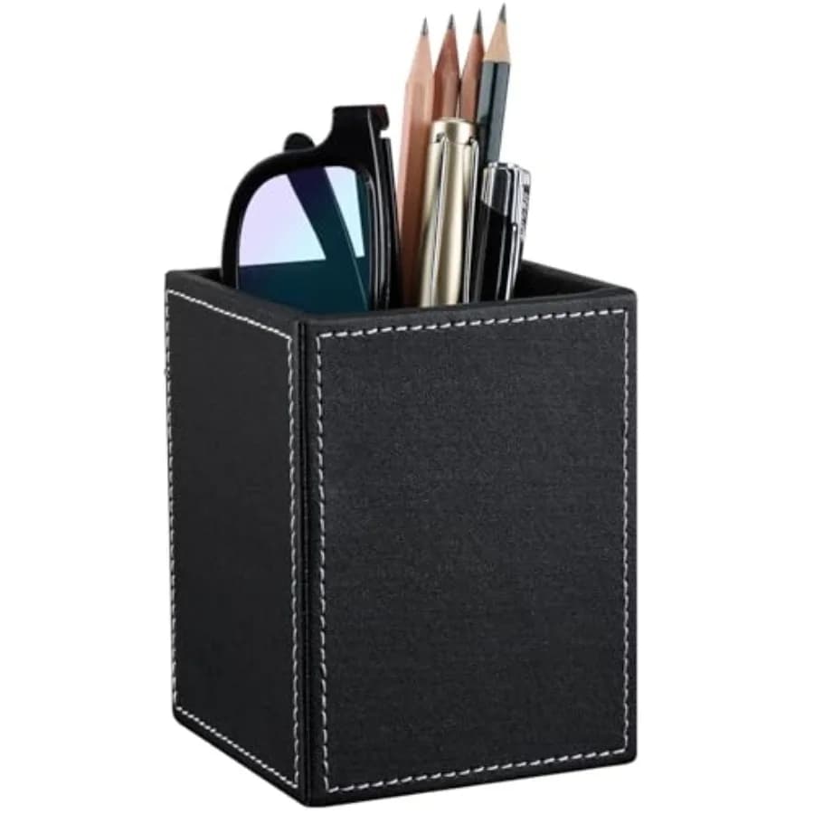 PU Leather Square Pens Pencils Holder Cup Desktop Stationery Organizer Case Office Accessories Container Box black