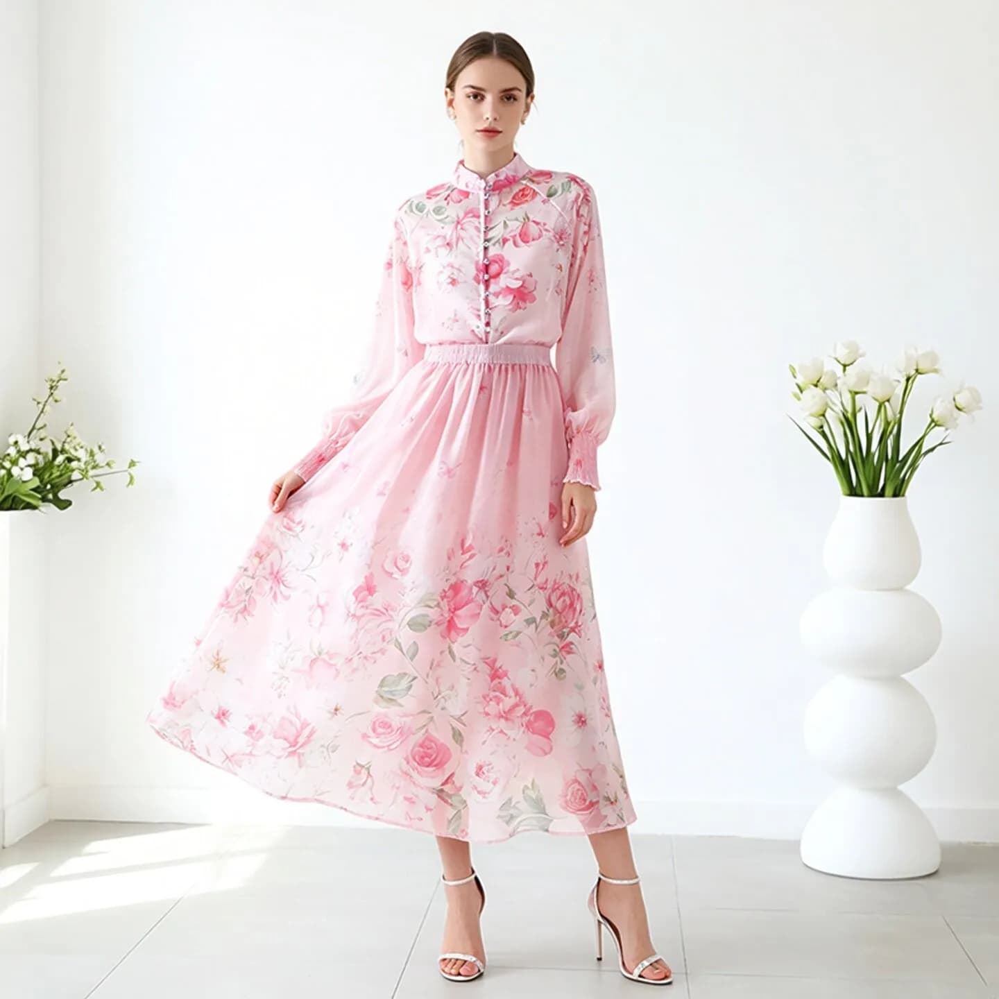 Elegante Completo Floreale a Due Pezzi con Maniche Lunghe, Abito Midi da Donna Stile Conto alla Fata, Orlo Arricciato, Gonna a Trapezio