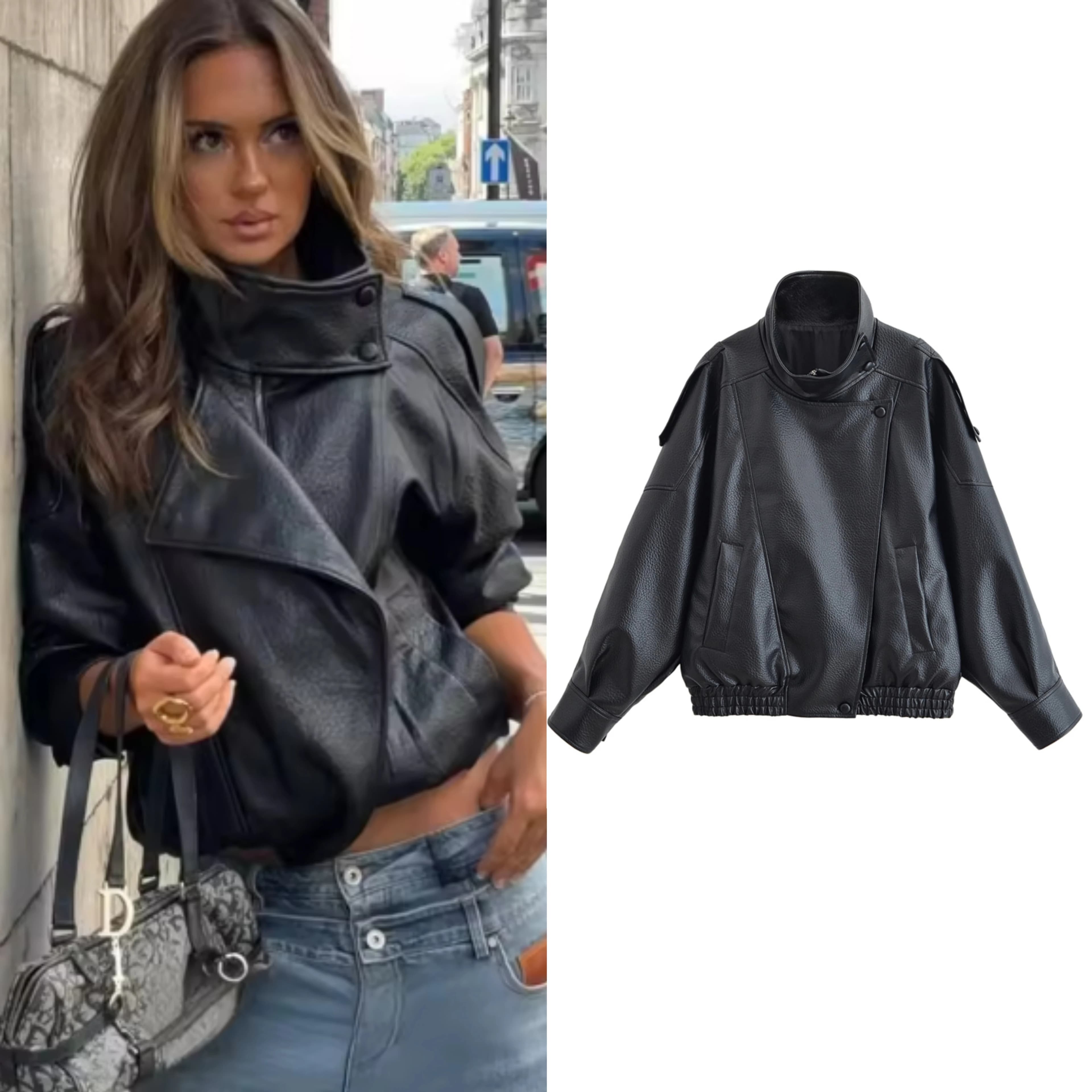Women's Jacket Autumn 2025 New black jacket in long sleeved eco-leather with pebbles Style motorcyclist Personality Fashion