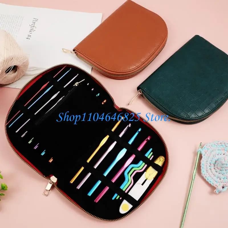 Waterproof Leather Crochet Hook Carrying Case Travel Knitting Needle Organiser For Knitting Tool Crochet Craft Supplies