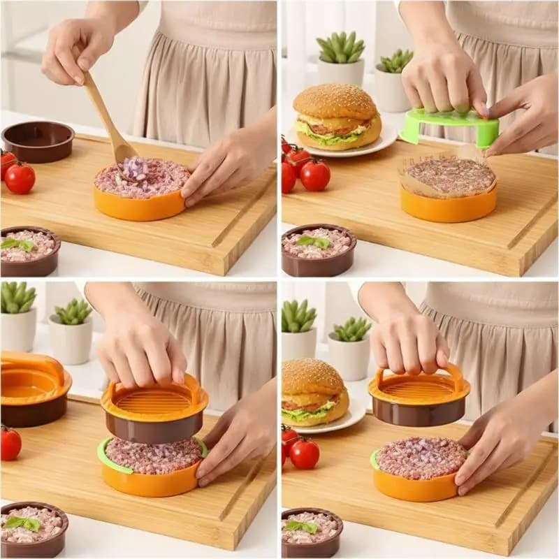 Set for preparing round hamburgers with meat press, DIY tool for home cooking burgers, camping, picnic and parties