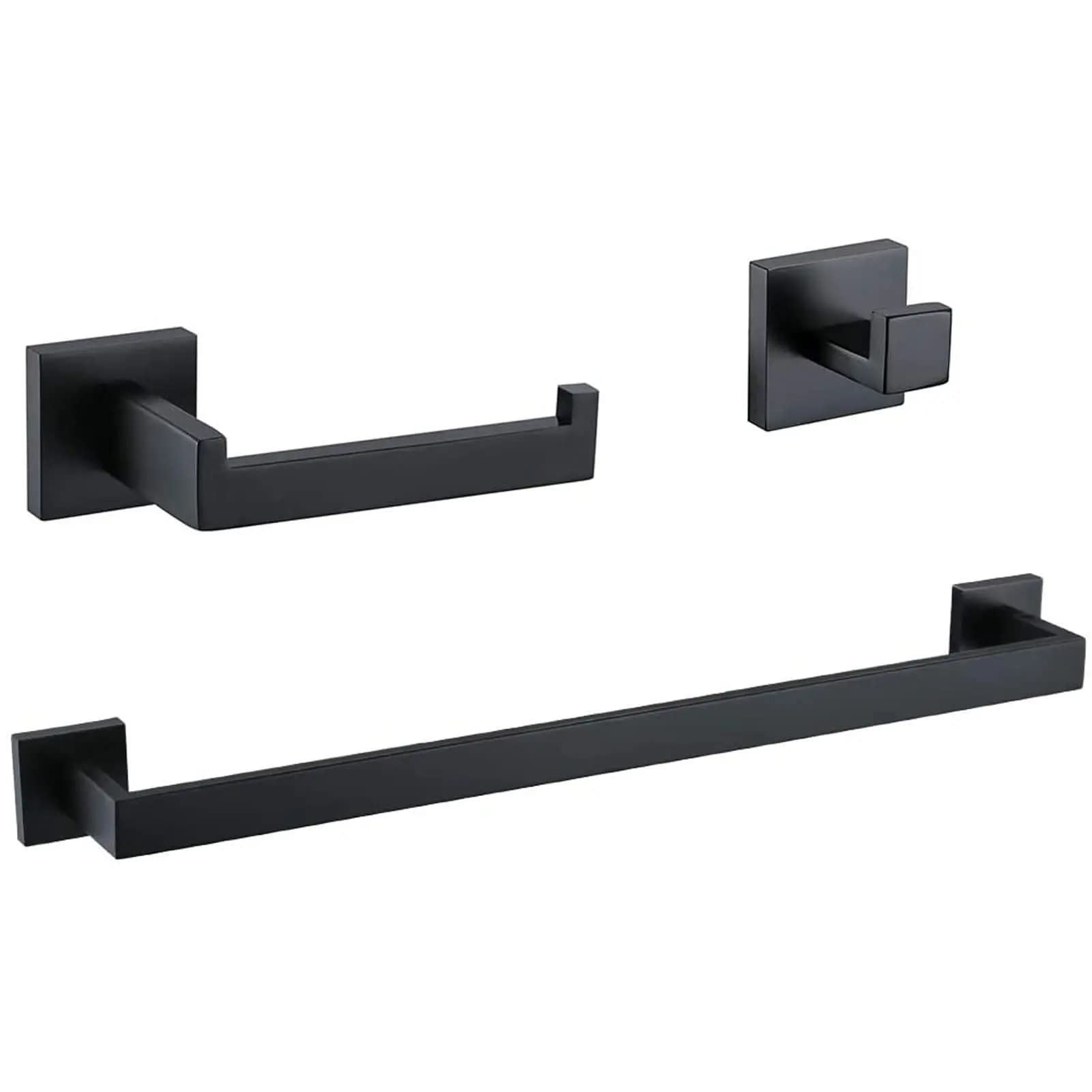 5-Piece Matte Black Square Stainless Steel Bathroom Hardware Set: 14.2 Inch Towel Bar, Ring, And Hook Wall Mounted