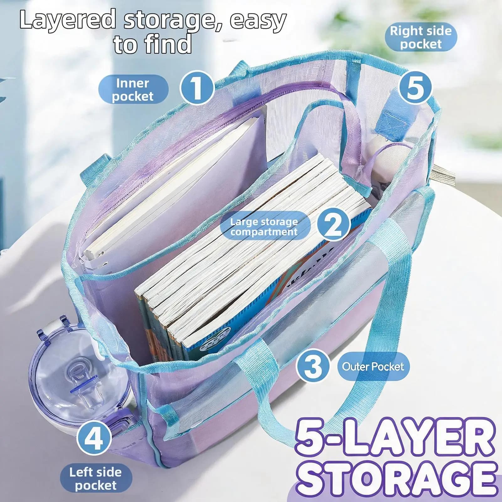 Borsa organizer per documenti, con scomparti in rete, grande capacità, per laptop, quaderni, scuola, aula, ufficio