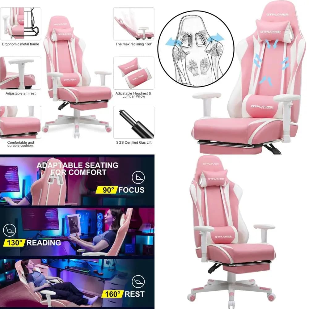 Sedia da Gaming Ergonomica Reclinabile con Funzione Girevole, Dondolo, Altezza Regolabile, Supporto Lombare e Poggiapiedi in Rosa
