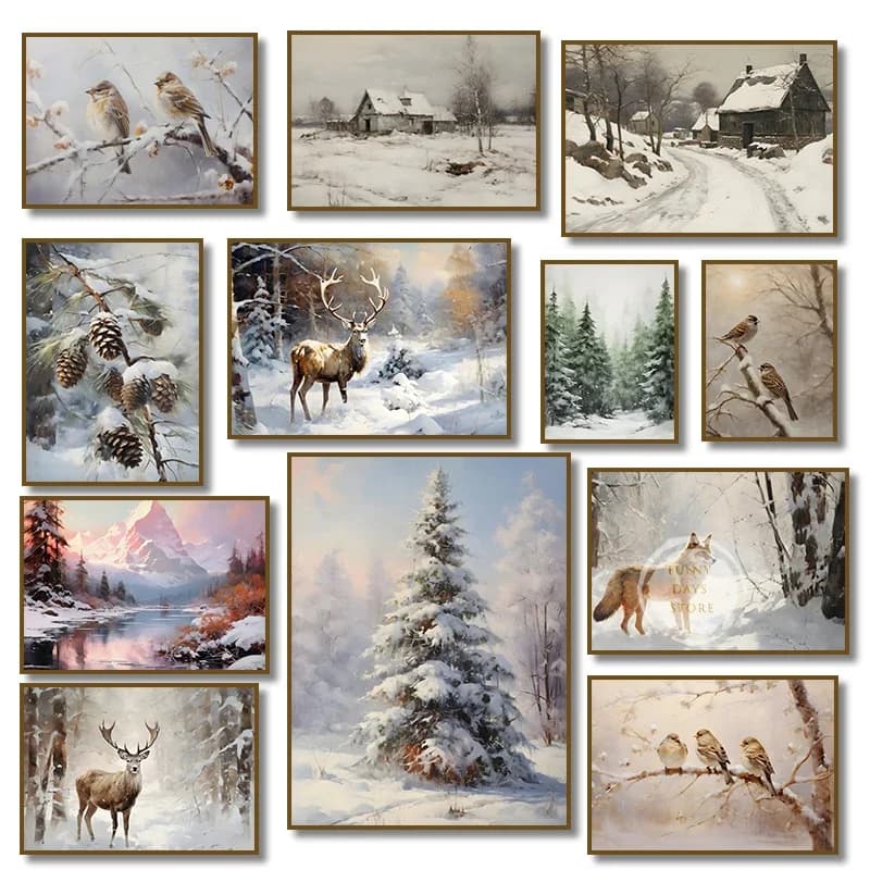 Retro Winter Landscape Deer Bird Fox Mountain Snow Forest House Pine Diamond Painting R Wall Print Poster Rustic Farmhouse De