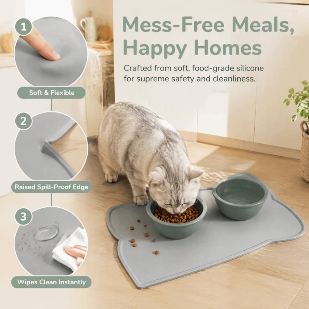 Convenient 17.32in Long 9.45in Wide Cat Bowl Mat Soft Anti Slip Silicone Spill Proof Pet Food Mat Feeding Mat Cat Feeding