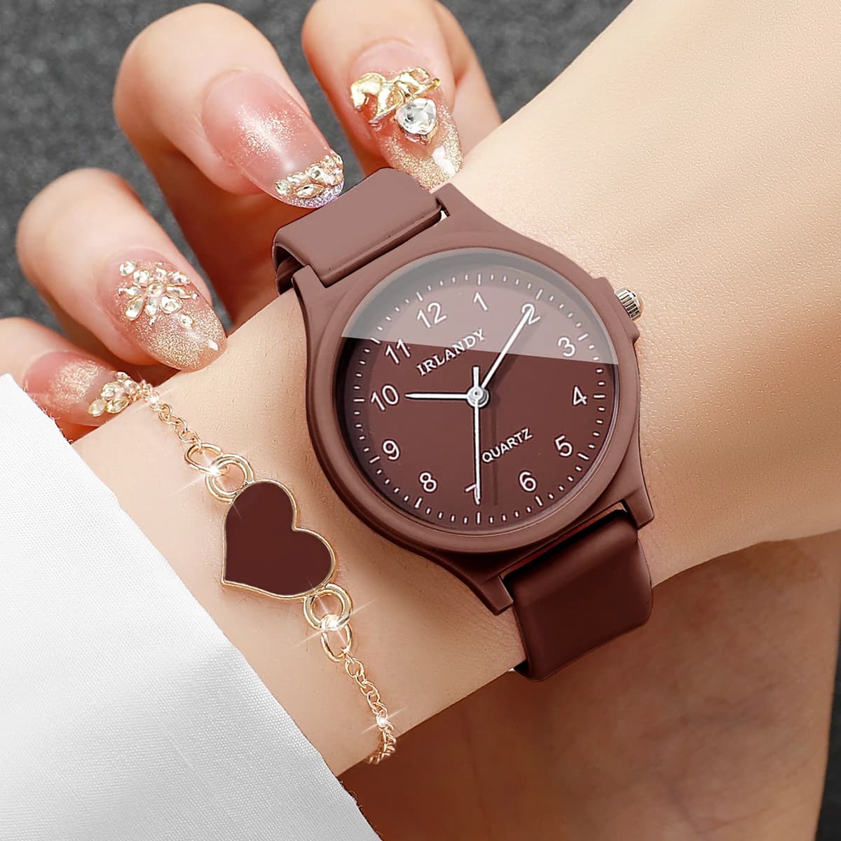 Set di 2 Orologi da Donna con Quadrante Arabo alla Moda, Bracciale a Cuore, Cinturino in Silicone, Orologio da Polso per Studentesse, Reloj Mujer (Senza Scatola)