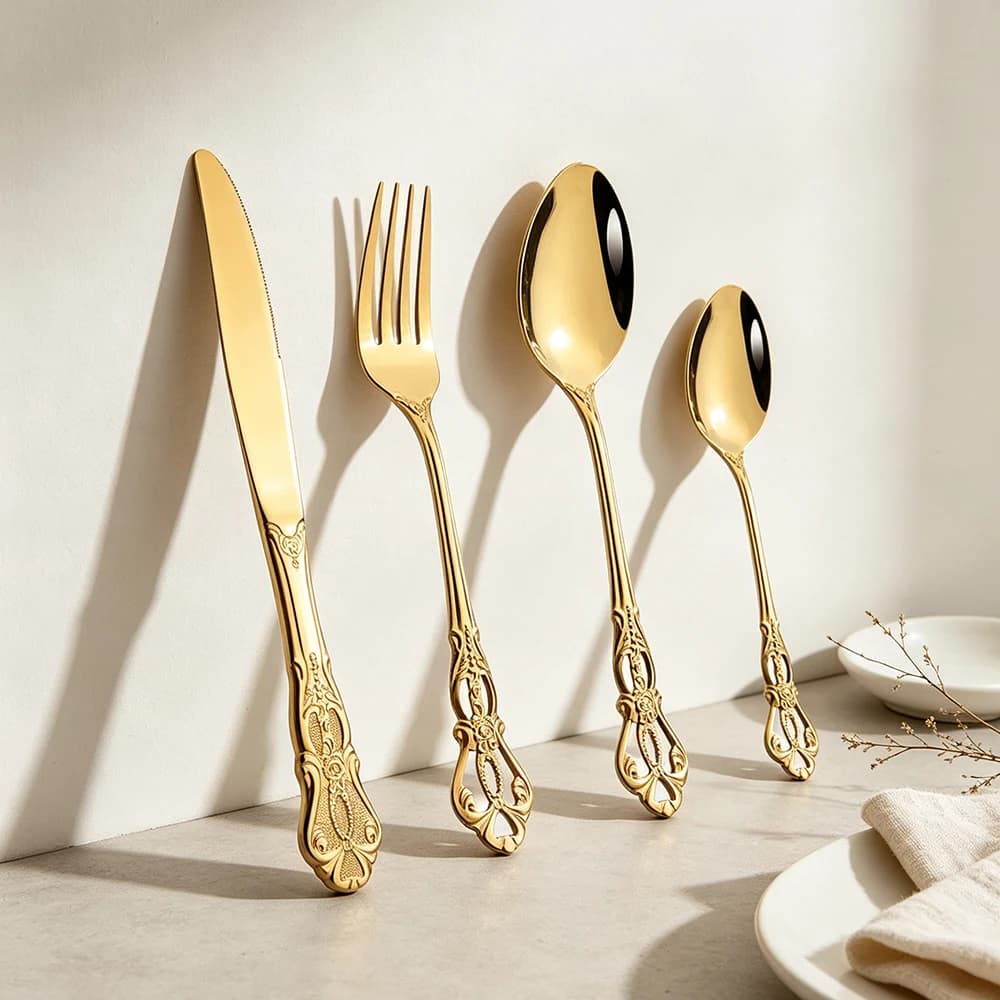 4Pcs Royal Gold Dinnerware Set Knife Dessert Fork Spoon Cutlery Set Stainless Steel Silverware Kitchen Tableware Flatware