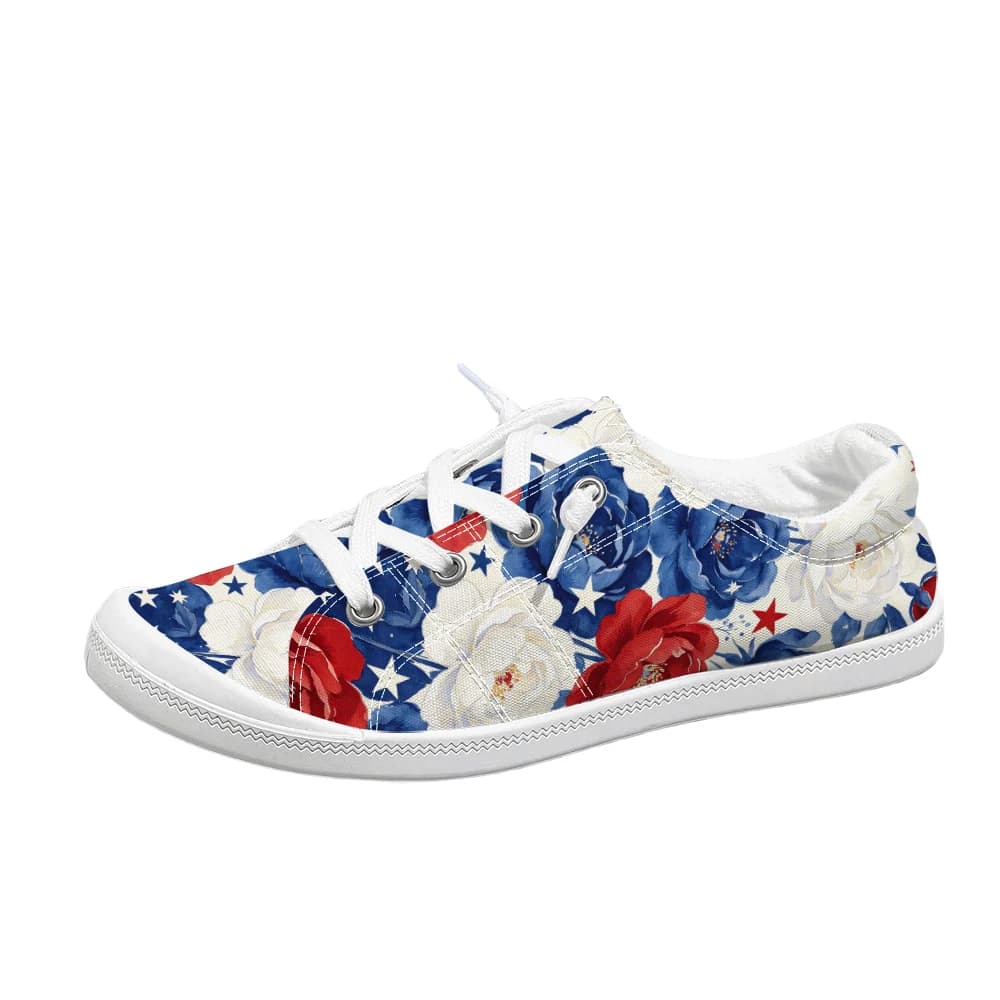 Independence Day Rose Star Print Women Lace Up Canvas Shoes