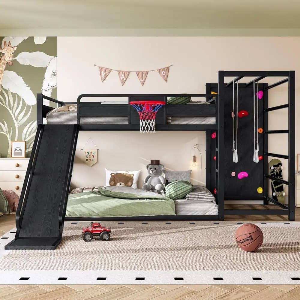Letto a Castello in Metallo Resistente con Scivolo, Libreria, Canestro da Basket, Parete da Arrampicata e Anelli per Trazioni per Bambini e Adolescenti