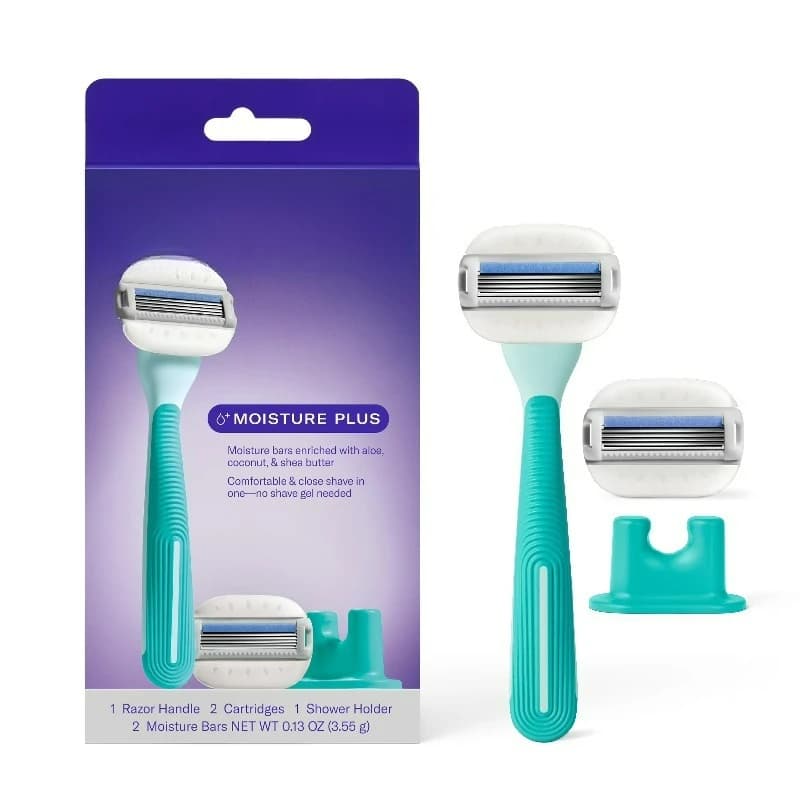 Moisture Plus shaver set for women with handle, 2 blade refills and shower support, Seafoam