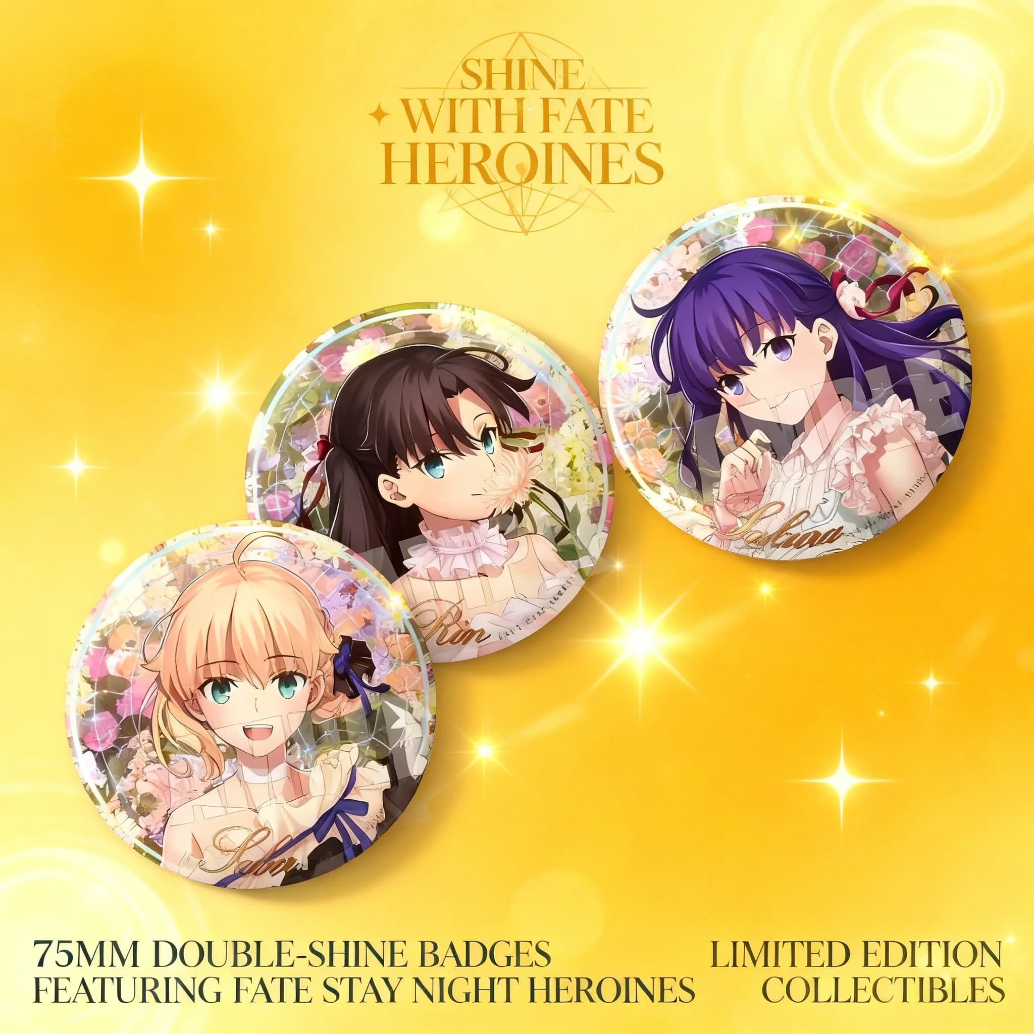 Badge del Concerto del 20° Anniversario di Fate Stay Night, Pin da 75mm, Saber Rin Sakura Dress, Merchandise Anime, Regalo da Collezione