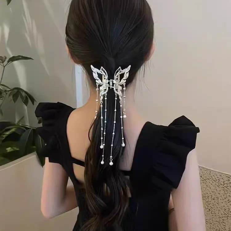 1 pz Fermaglio per capelli a forma di farfalla con nappe e perle, alla moda ed elegante, per donne e ragazze, fermaglio a pinza per coda di cavallo, accessorio estivo per capelli