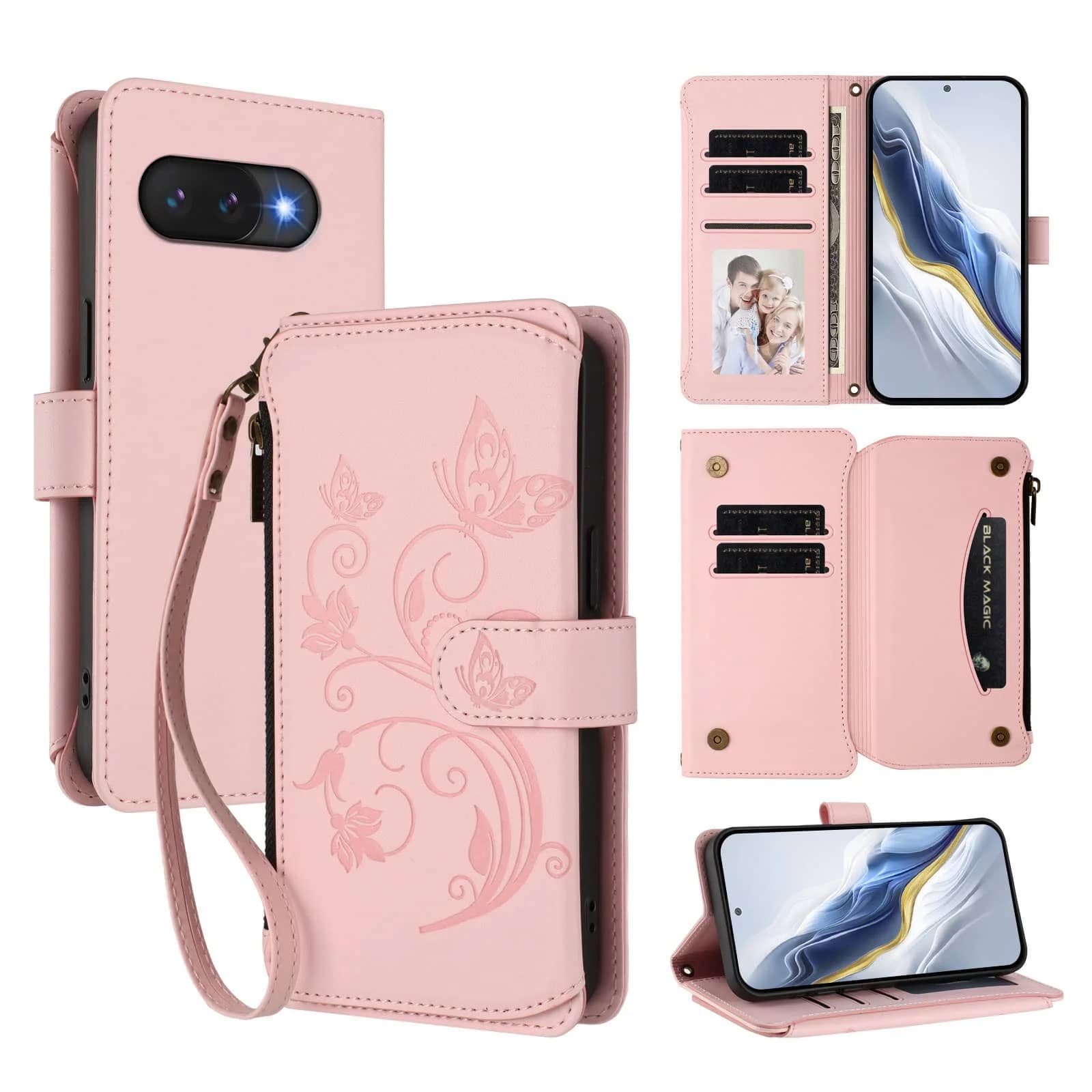 Compatibile con Google Pixel 9 Pro XL 9A 8 7 6 Pro 5A 4A 5G Custodia a portafoglio con fiori, cinturino da polso con cavalletto con blocco RFID