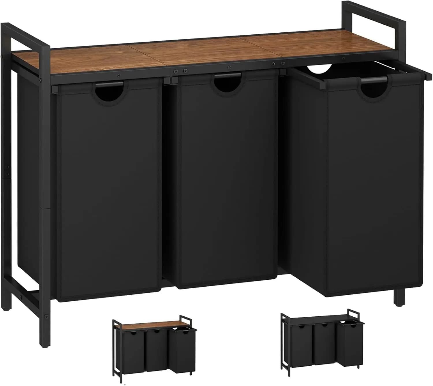 Basket for 3 Parts with Removable Bags and Upper shelf, Bicolor Design for Laundry or Bathroom