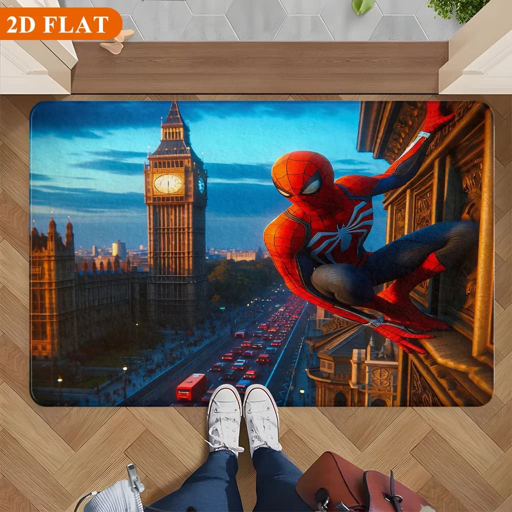 Bath Mat 1pc, Spiderman Overlooking London, MARVEL Flannel Rectangular Mat, Bathroom Non-Slip Entrance Mat, Fun Door Decoratio