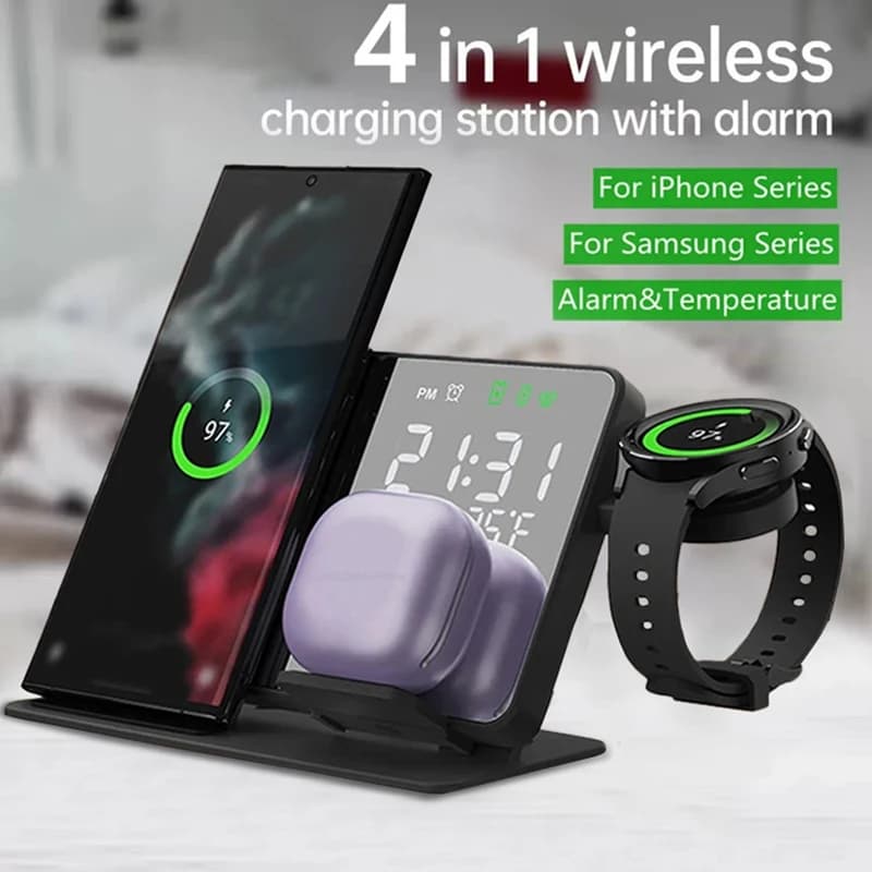 Alarm Clock Wireless Charger Support Fast charging station 4 in 1 for iPhone 16 15 14 13 iWatch 8 Samsung S23 S22 Galaxy Watch 4 5