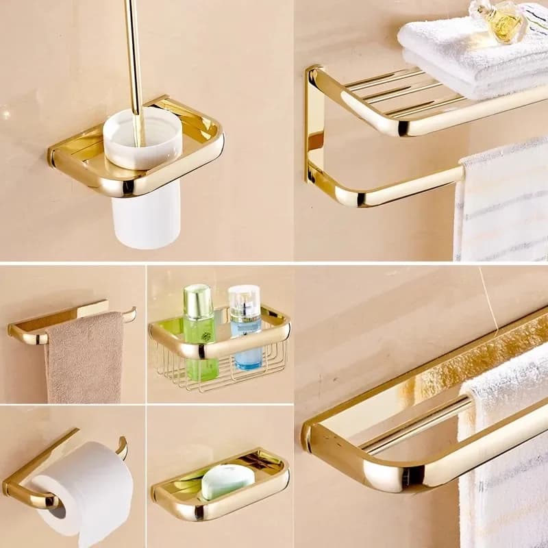 Tuqiu Accessori da bagno in ottone Portarotolo quadrato dorato, portasciugamani, cestino per sapone, portasciugamani, mensola in vetro per bagno