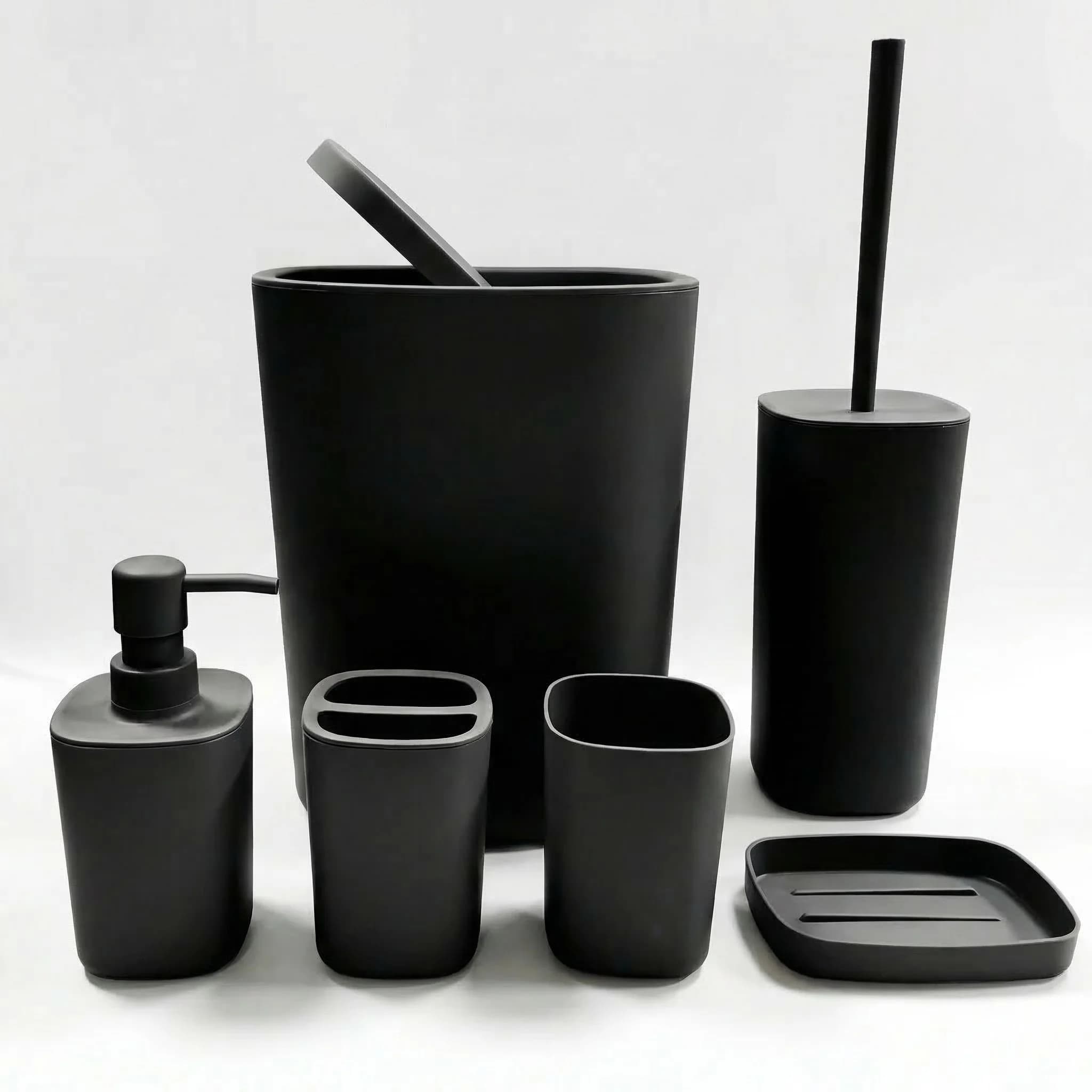 Set di 6 Accessori per il Bagno, Set da Bagno con Scopino per WC, Cestino, Bicchiere, Portasapone, Portaspazzolino