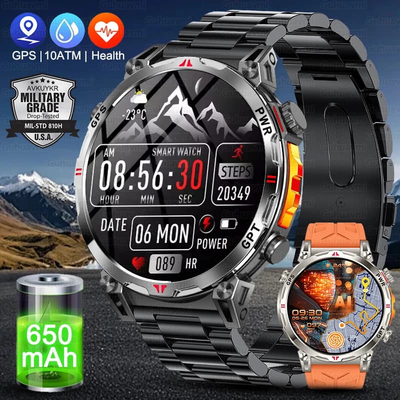 New Military Smartwatch from Exterior 2026 with integrated GPS, compass, altimeter, barometer, 10ATM waterproof, 650mAh battery, Men's Sports Bracelet
