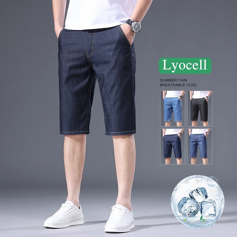 Pantaloncini in Denim Lyocell da Uomo, Nuovi Estivi Ultra-sottili, Jeans Dritti al Ginocchio, Moda Traspirante ed Elastica, Abbigliamento Casual