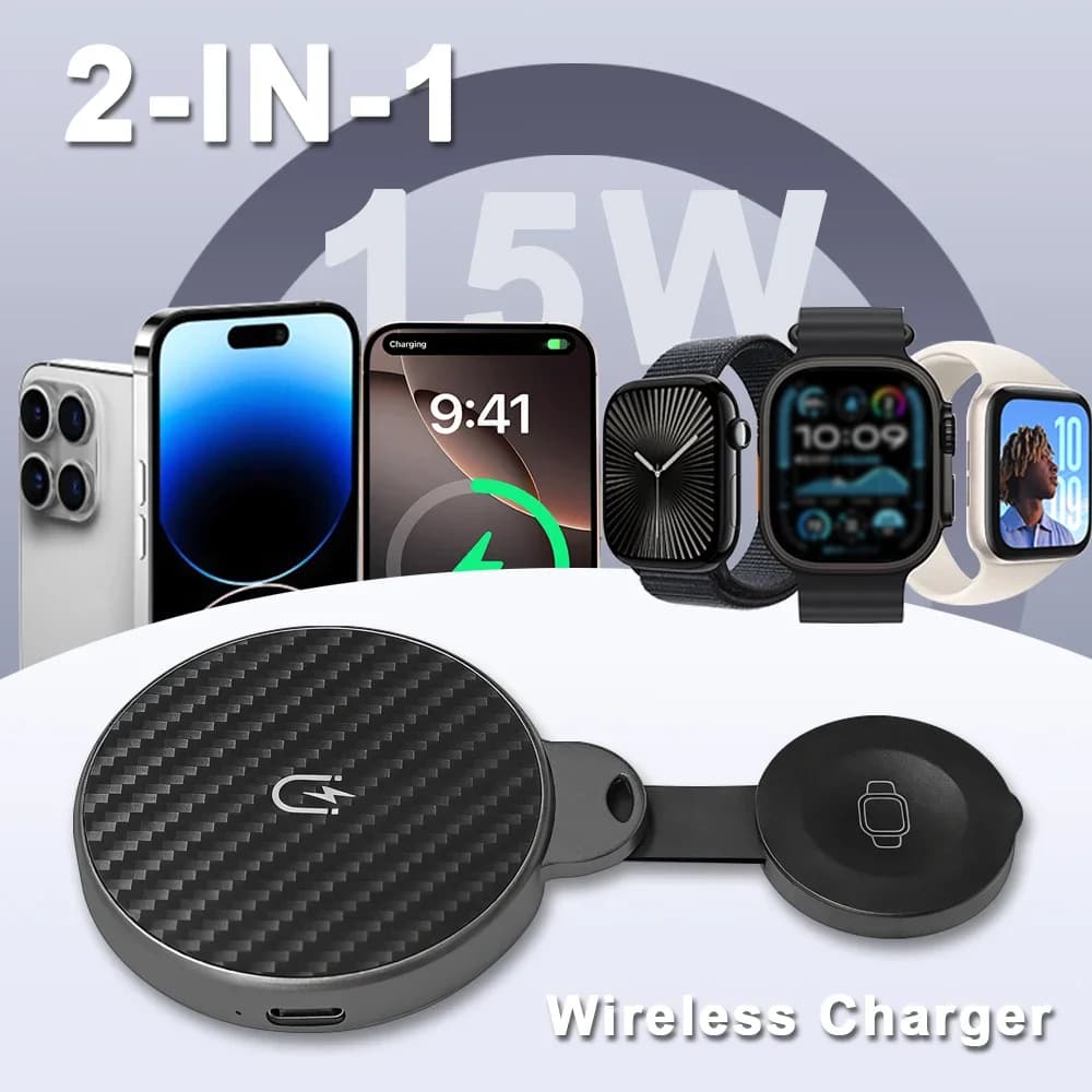 Caricabatterie Wireless Magnetico Portatile 2-in-1, Caricatore da Viaggio Pieghevole per iPhone Tutte le Serie, Apple Watch, AirPods