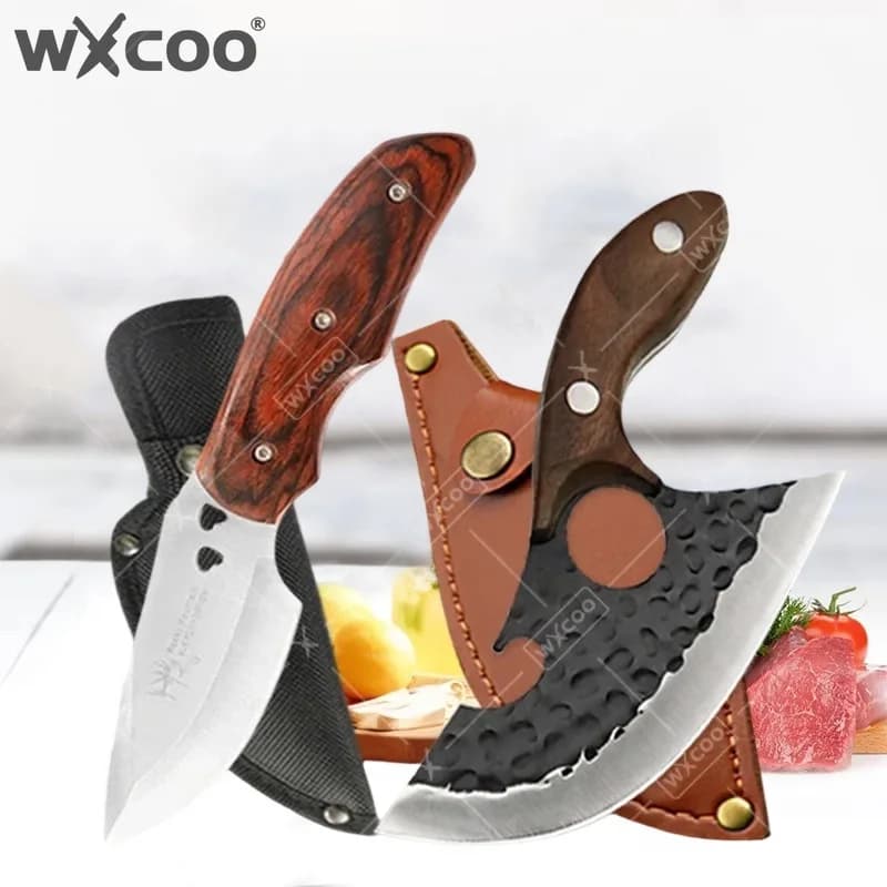 Coltello da Cucina Multifunzionale WXCOO, Manico in Legno, Coltello da Macellaio, Tagliaverdure, Coltello da BBQ in Acciaio Inossidabile