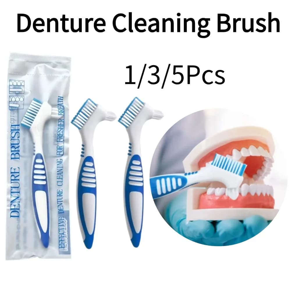 Denture Cleaning Brush Dual Heads False Teeth Brush Multi Layered Bristles Ergonomic Rubber Handle Oral Care Toothbrush 1/3/5Pcs