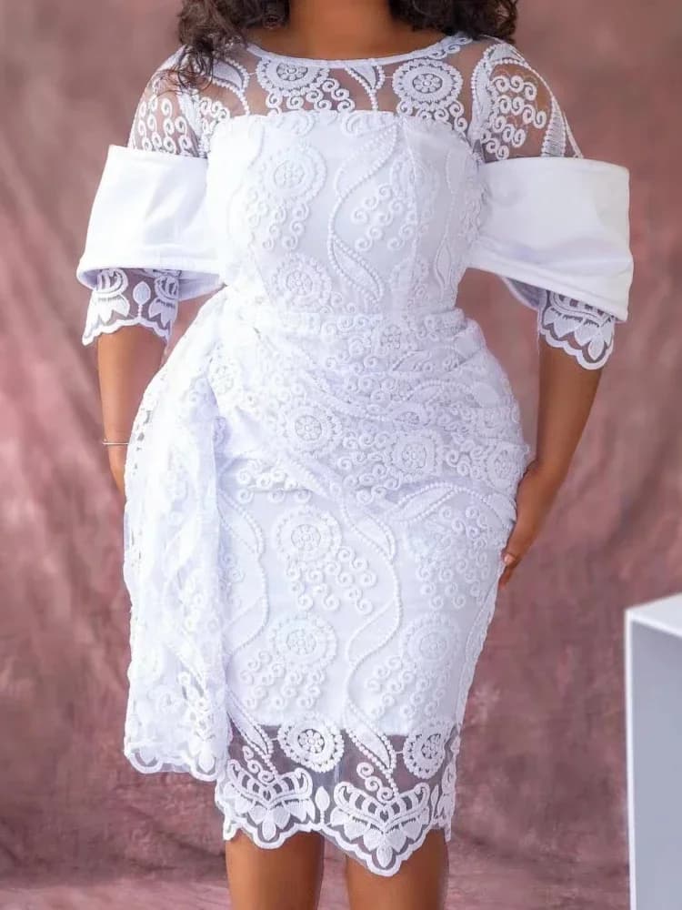 Abiti in pizzo bianco per le donne Vintage girocollo ricamo tunica pacchetto Hip Retro elegante abito Midi abiti da sposa festa di festa