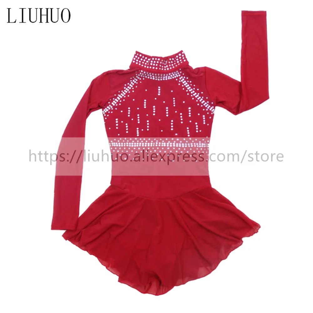 LIUHUO Donna Ragazza Prestazioni Vino Rosso Ginnastica Ritmica Manica Lunga Competizione Body Pattinaggio di Figura Sul Ghiaccio Vestito Balletto