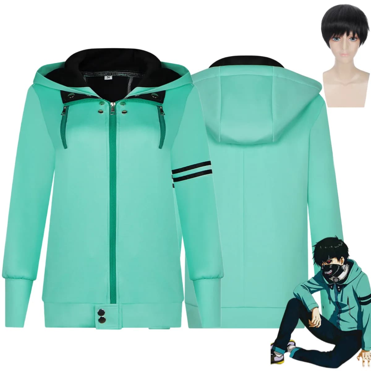 Costume Cosplay Anime Tokyo Ghoul Kaneki Ken, Felpa con Cappuccio Verde, Parrucca, Completo per Uomo e Donna, per Uso Quotidiano e Feste