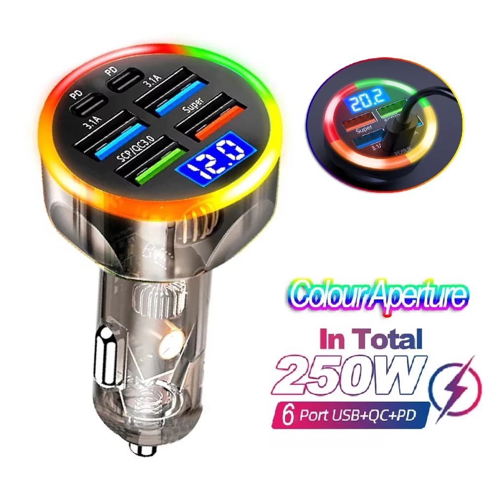 Caricabatteria da auto a 6 porte da 200W ricarica rapida PD QC3.0 caricabatteria da auto USB C adattatore di tipo C in auto per iPhone Samsung Huawei Xiaomi