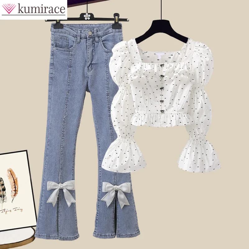 Camicia in Chiffon pieghettato a maniche lunghe a bolle Pop coreana Jeans con fiocco in due pezzi pantaloni eleganti da donna Set tuta sportiva da donna