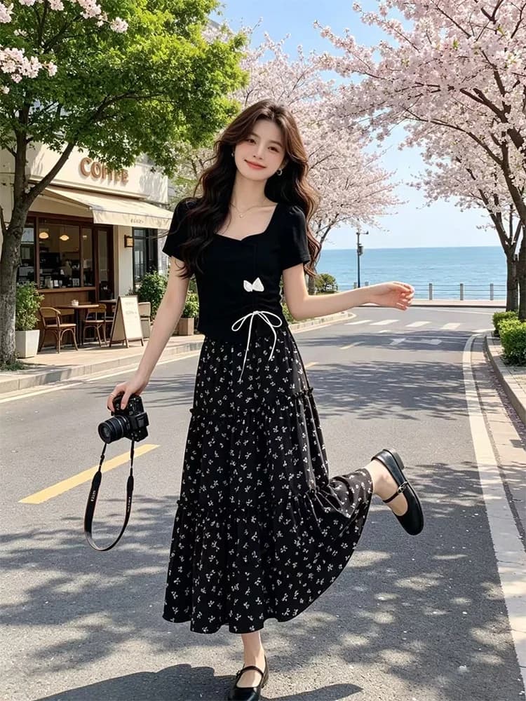 Summer New Women's Black Short Sleeve Top And Floral Half Skirt Two-Piece Set Elegant Sweet Design Polyester Fiber Long Dress