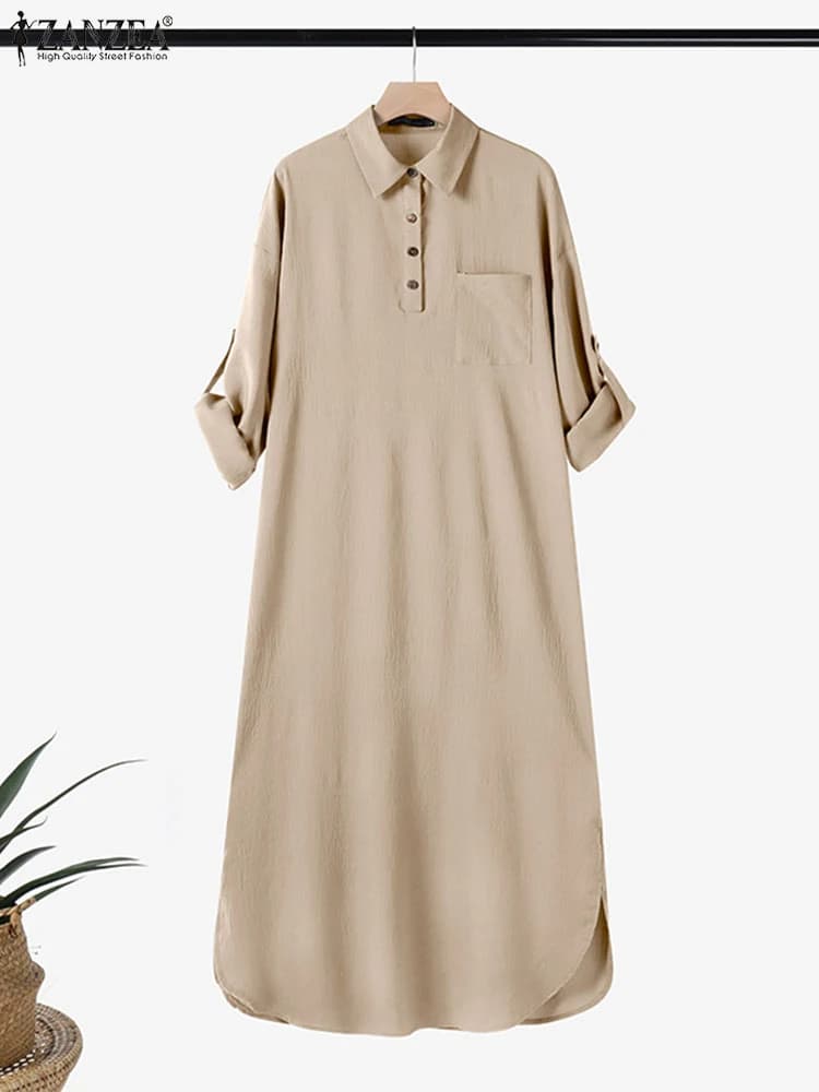 Elegante abito camicia solida 2025 ZANZEA Abiti autunnali Donna Elegante manica lunga Maxi abito Casual Solid Work OL Vestito estivo Oversize