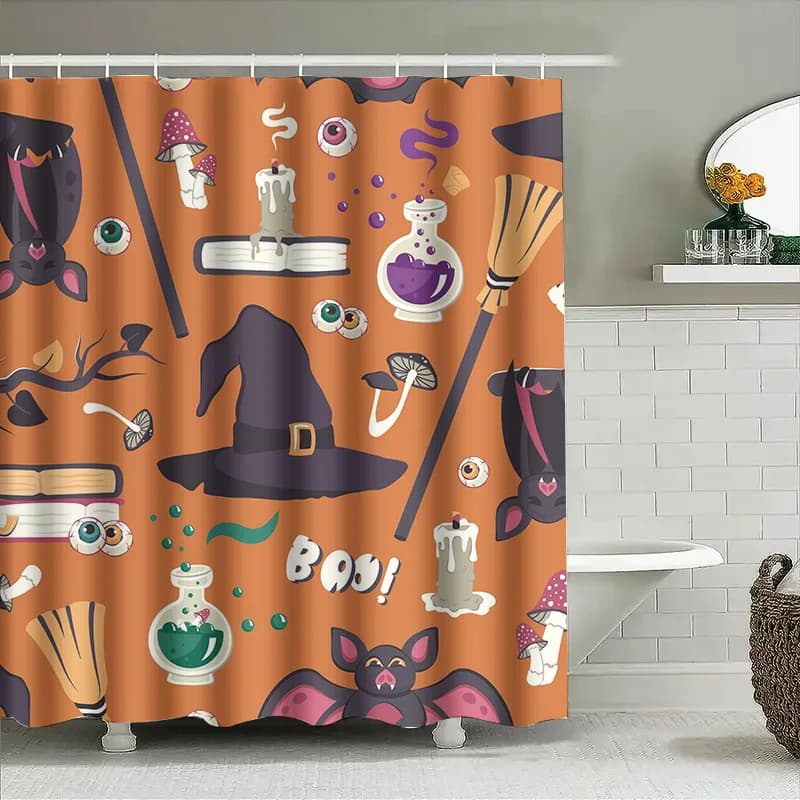 Tuniu Tenda da doccia a tema strega di Halloween Simpatico cappello con pozione di pipistrello Libri Decorazione spettrale per bagno Camera dei bambini
