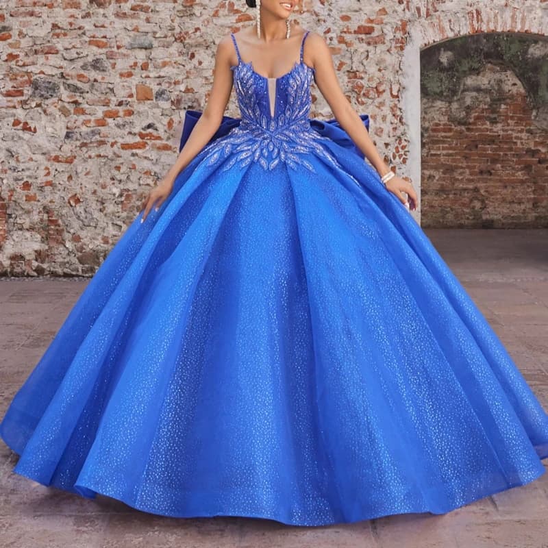 Royal Blue Shiny Abiti Quinceanera Abito da ballo Spaghetti Strap Pizzo Perline Fiocco di cristallo Tull Sweet 16 Dress Abiti 15 De Anos