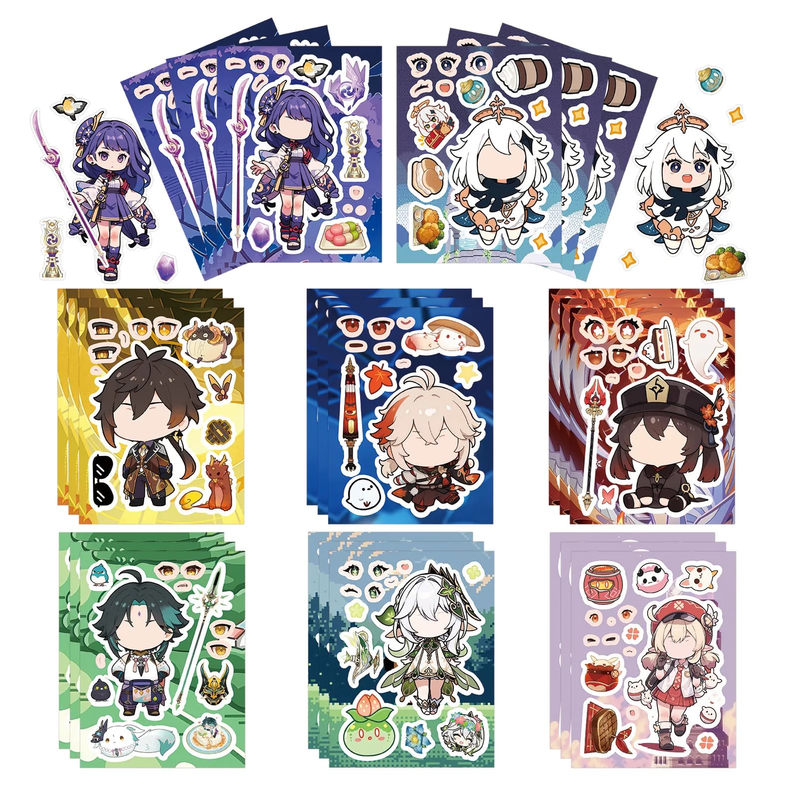 8 Fogli di Adesivi Puzzle Anime del Gioco Genshin Impact, Adesivi Decorativi Cartoon per Creare un Volto, Gioco di Assemblaggio Fai-da-Te, Gadget per Feste