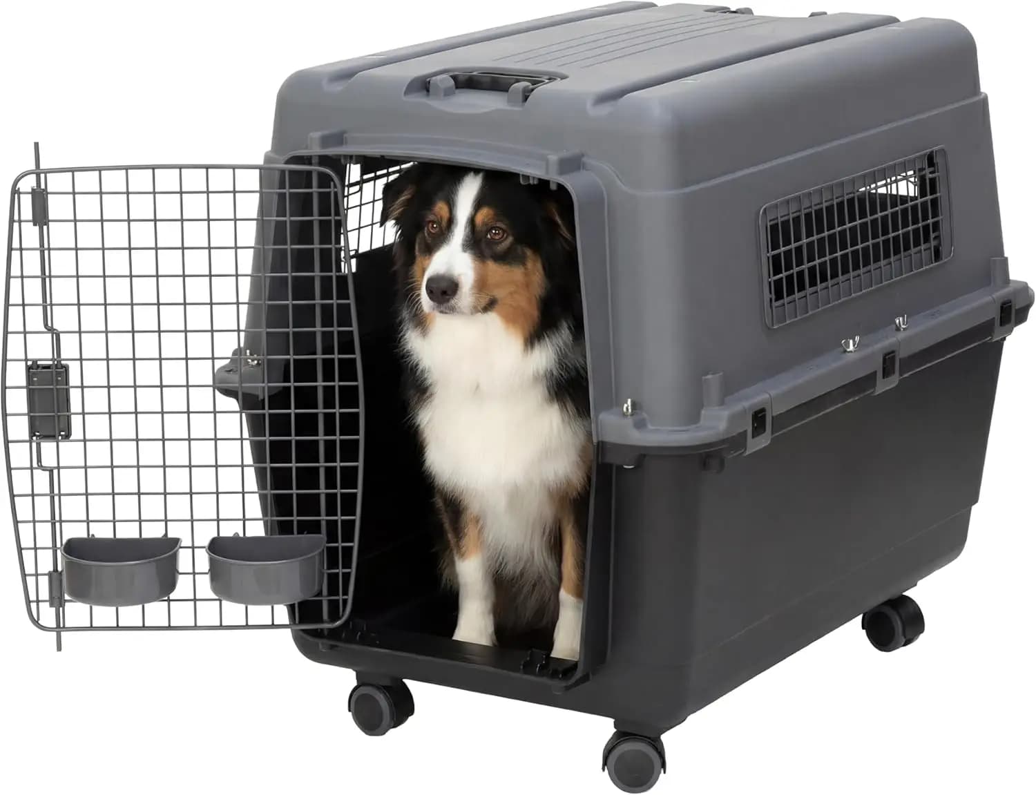 SportPet Airline Compliant LARGE 31.5" Travel Dog Kennel- Durable Plastic Airline Pet Carrier w/ Removable Wheels & Food Bowls,