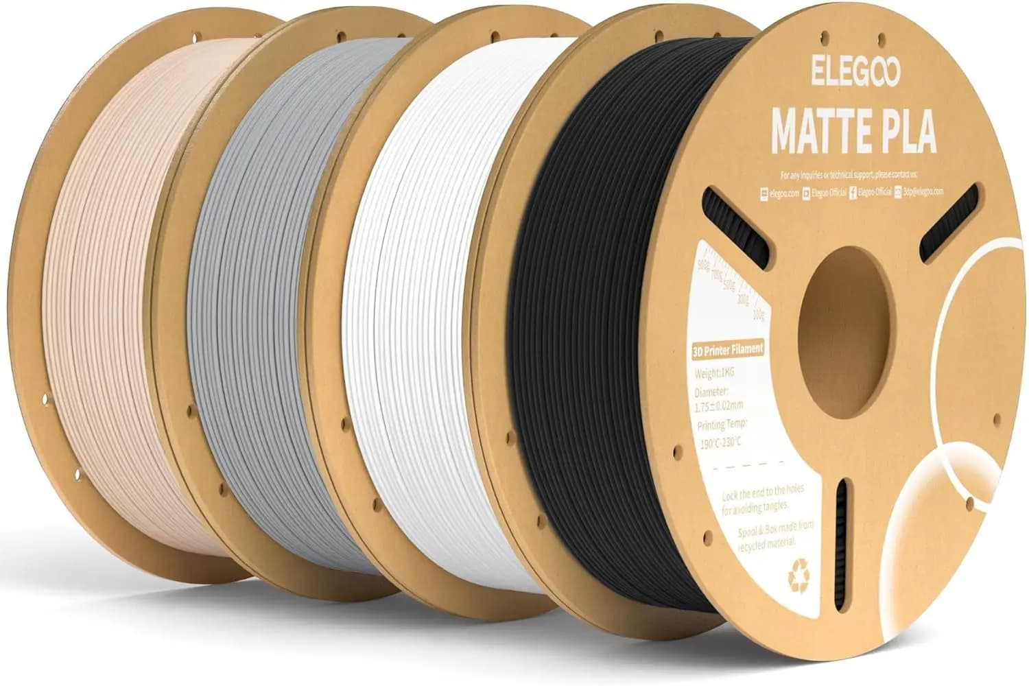 Filamento PLA Opaco in Confezione da 4KG, 1.75mm per Stampanti 3D FDM con Alta Precisione +/-0.02mm, Include Nero Bianco Grigio Beige