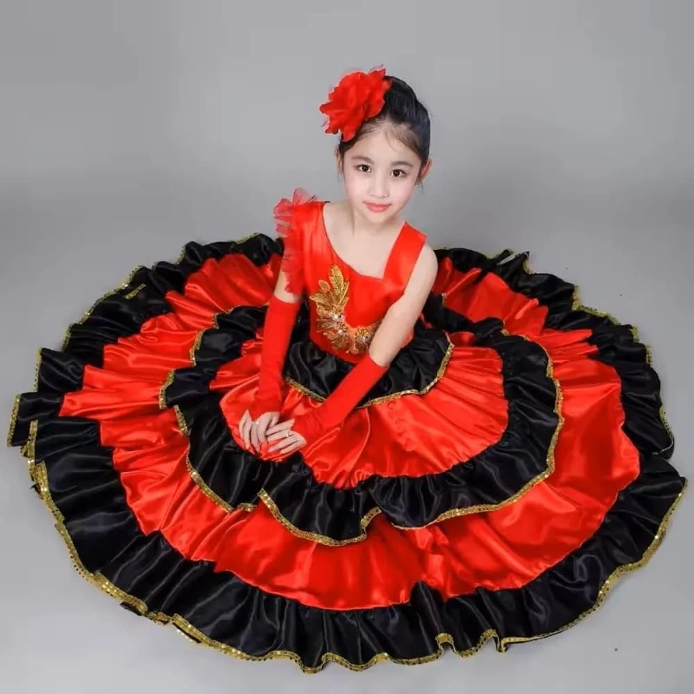 High Quality Satin Dancing Dress Soft Red Black Performance Dress Long Dress Bullfight Performance
