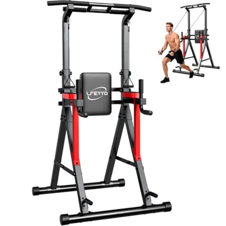 Power Tower with Traction Bar, Dip Station Adjustable to 13 Levels of Height, Strength Training Equipment for Home Gym, 400 pounds