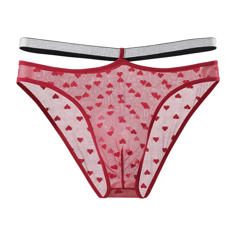 Slip da uomo sexy in rete trasparente con stampa Love, vita bassa, con doppia fascia sottile glitterata, lingerie da uomo, slip con sacchetto a bomba
