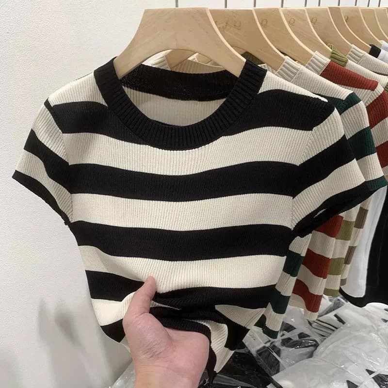 New Women's Sweater 2026 Spring Summer O-neck Striped Short Sleeve Knitted T-shirt Korean Casual Pullovers Slim Top